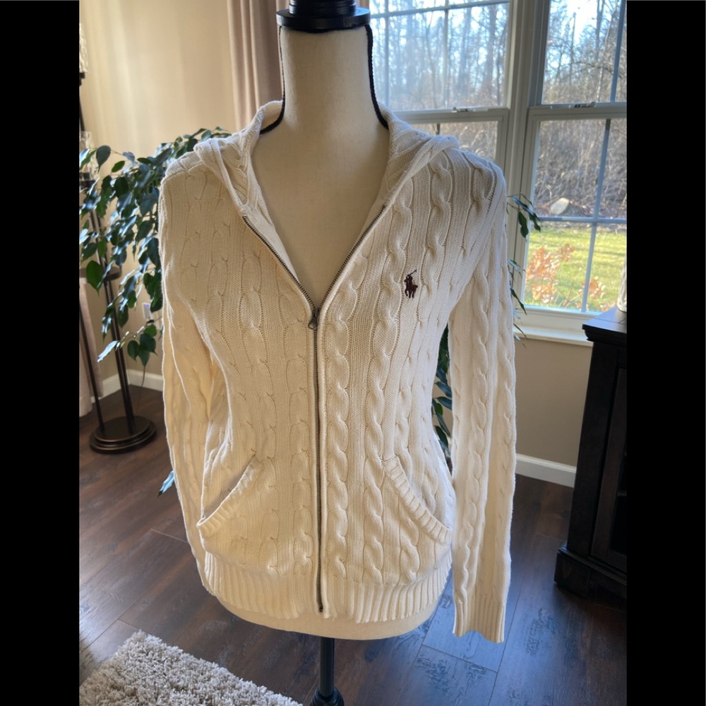 Vintage Ralph Lauren Cable Knit Zip Hooded Sweater . Cream. Measures Size Medium